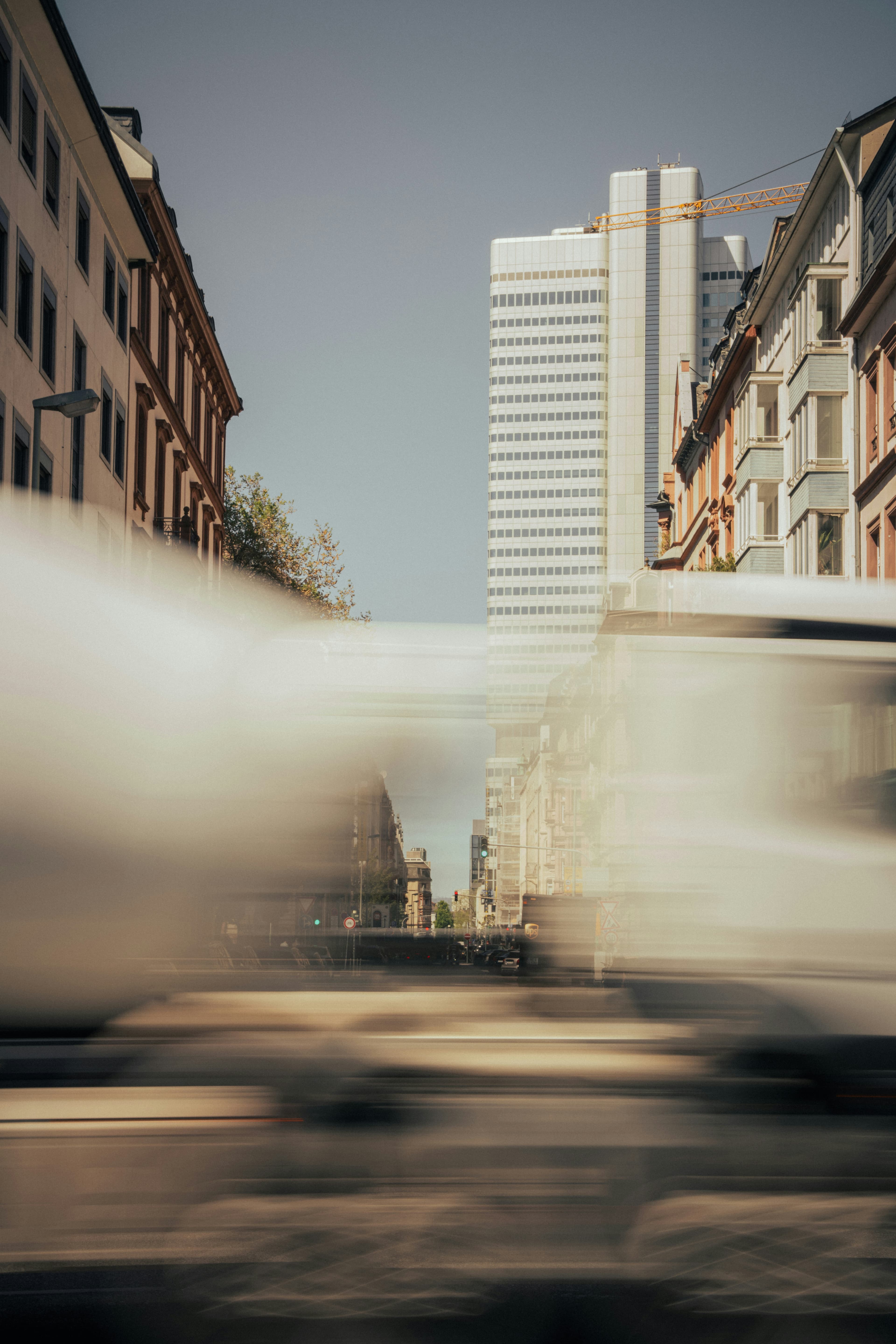 A city street seen through fast-moving traffic