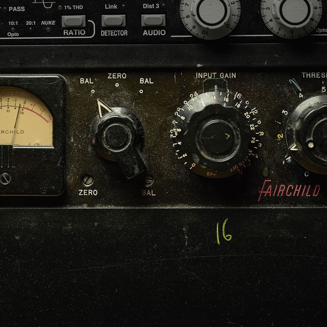 Close detail of a vintage Fairchild studio compressor